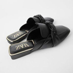 "Zara" Black Ruched Knot Flat Mules
